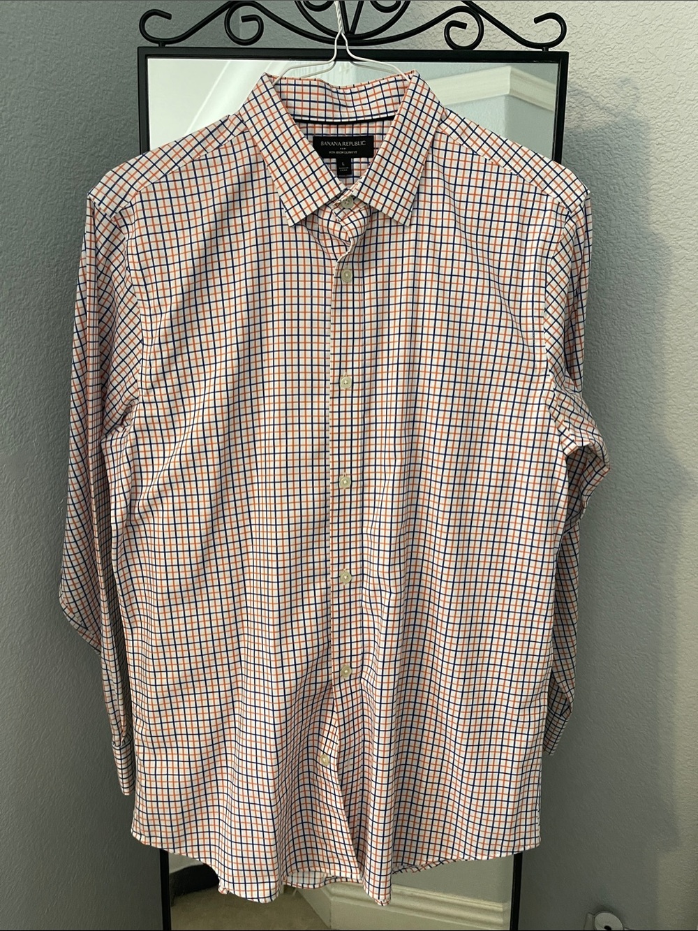 Banana Republic Men's Non—Iron Orange & Blue Checked Dress Shirt